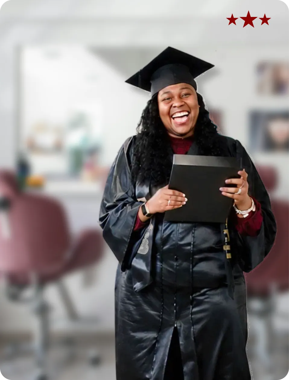 Proud graduate of Florida Student Cosmetology School holding her diploma